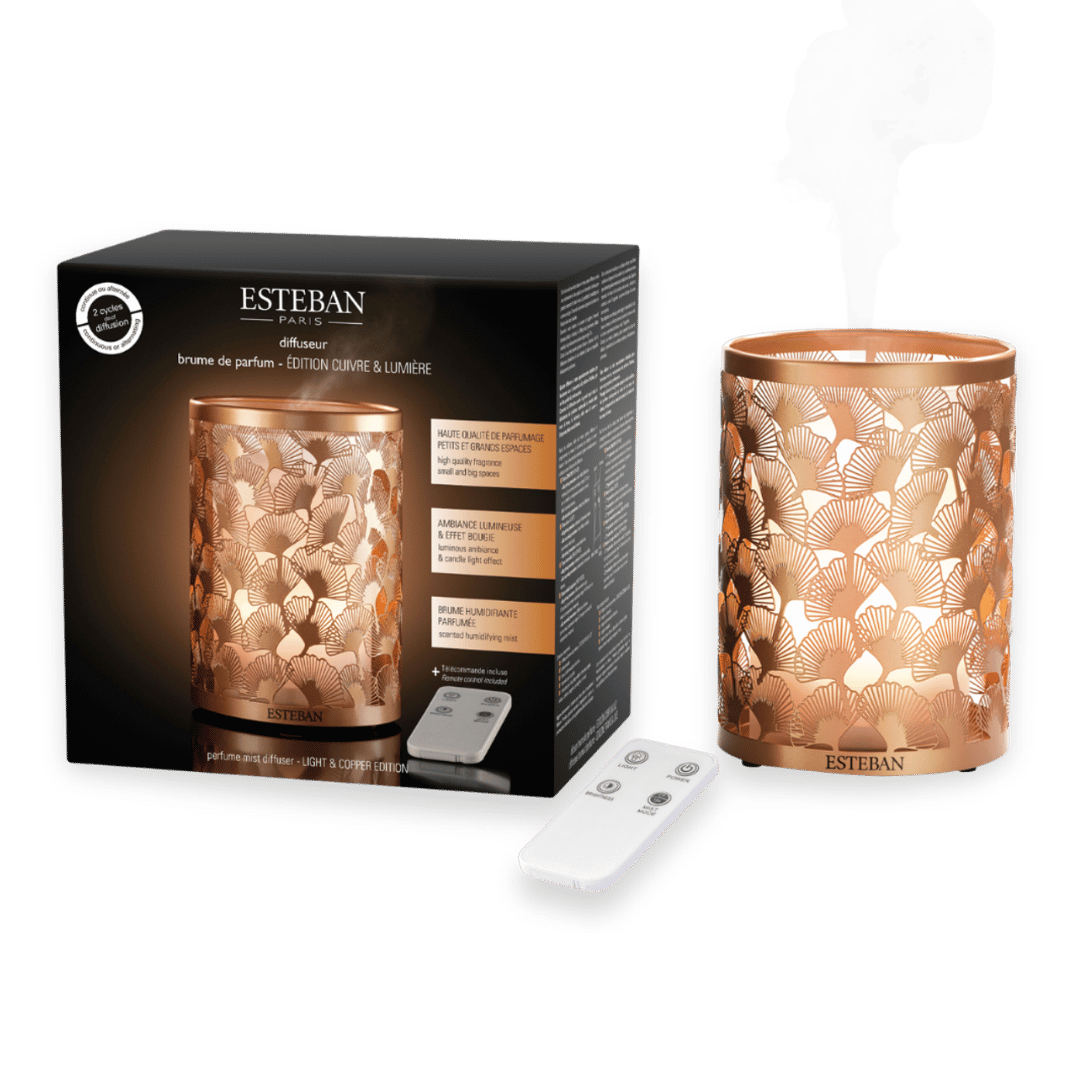 Diffuseur de parfum Esteban Paris Édition Cuivre & Lumière, brumisateur de parfum avec habillage métallique cuivré ajouré, effet lumineux décoratif et télécommande incluse, présenté avec son coffret