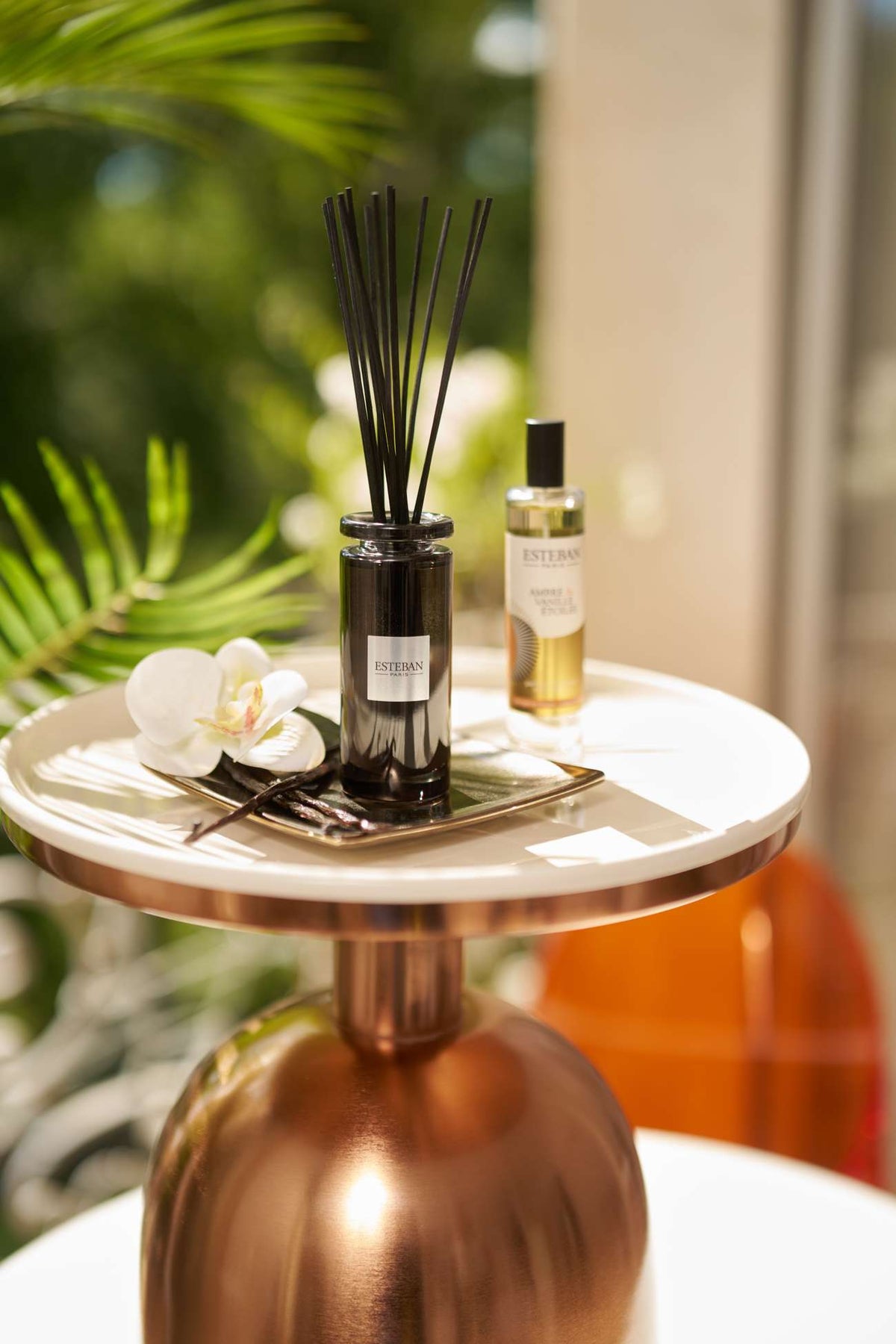 Bouquet parfumé Esteban Paris Ambre & Vanille Étoilée avec tiges noires, présenté sur un plateau doré aux côtés d’un parfum d’intérieur et d’une orchidée blanche